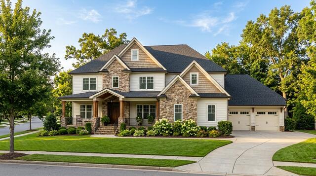Two-story home with a newly installed dark architectural shingle roof
